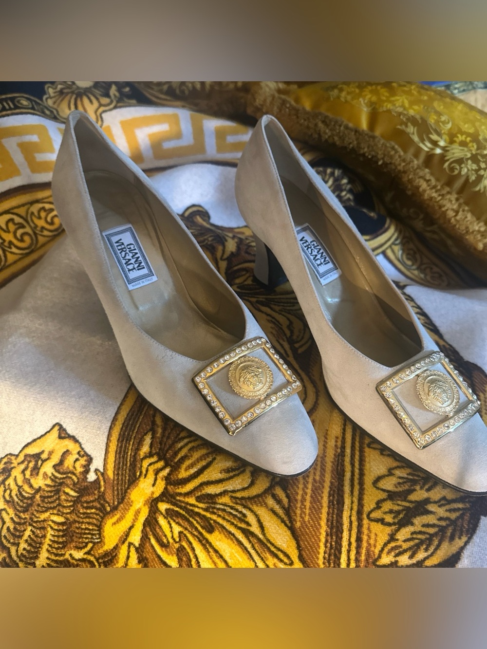 Versace Beige Suede Biggie Pumps with Crystal Embellishment RARE EU 39